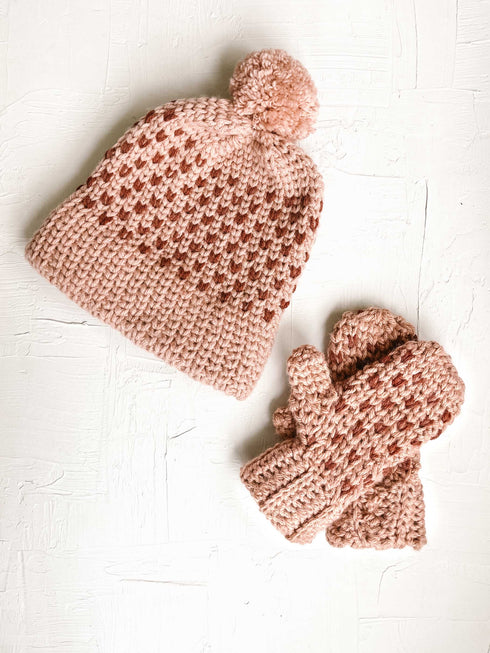 Faux "Knit" Beanie + Mittens Crochet Pattern
